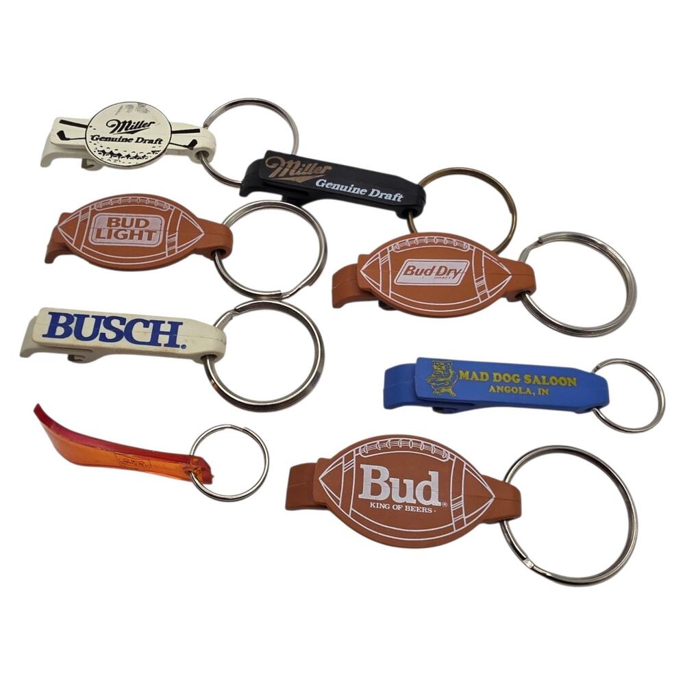 Vintage Beer Bottle Opener Keychain Lot 8 Budweiser Miller Busch Breweriana 80s